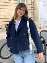 Aurohaya Women’s Short Double Breasted Peacoat with Notched Collar Oversized Elegant Winter Jacket